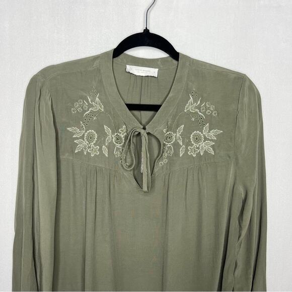 LUCKY BRAND / olive army green floral embroidered peasant popover blouse / S - Picture 3 of 7